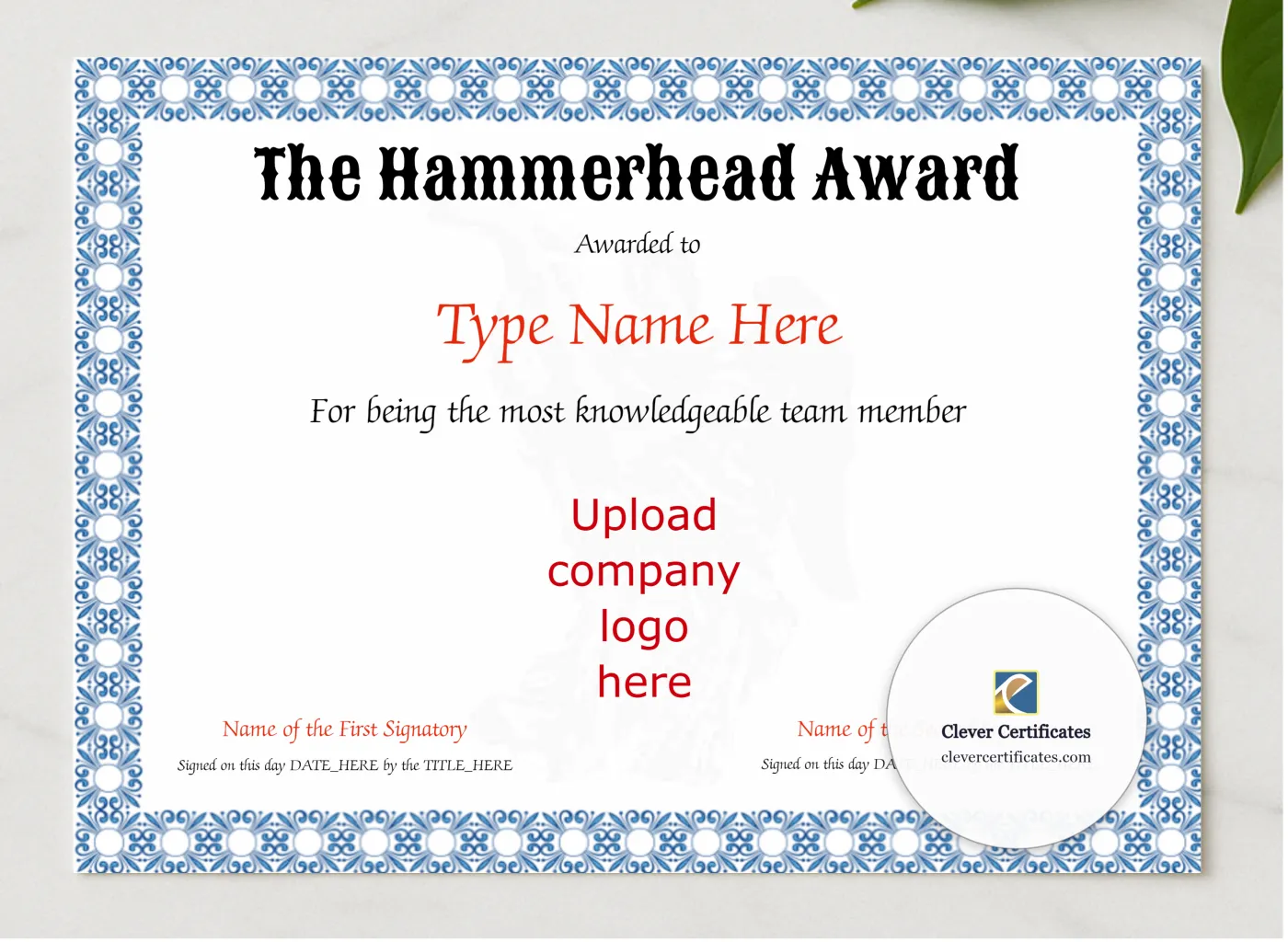 Hammerhead Award presented in a sleek wooden frame, elegantly arranged on a stylish table.