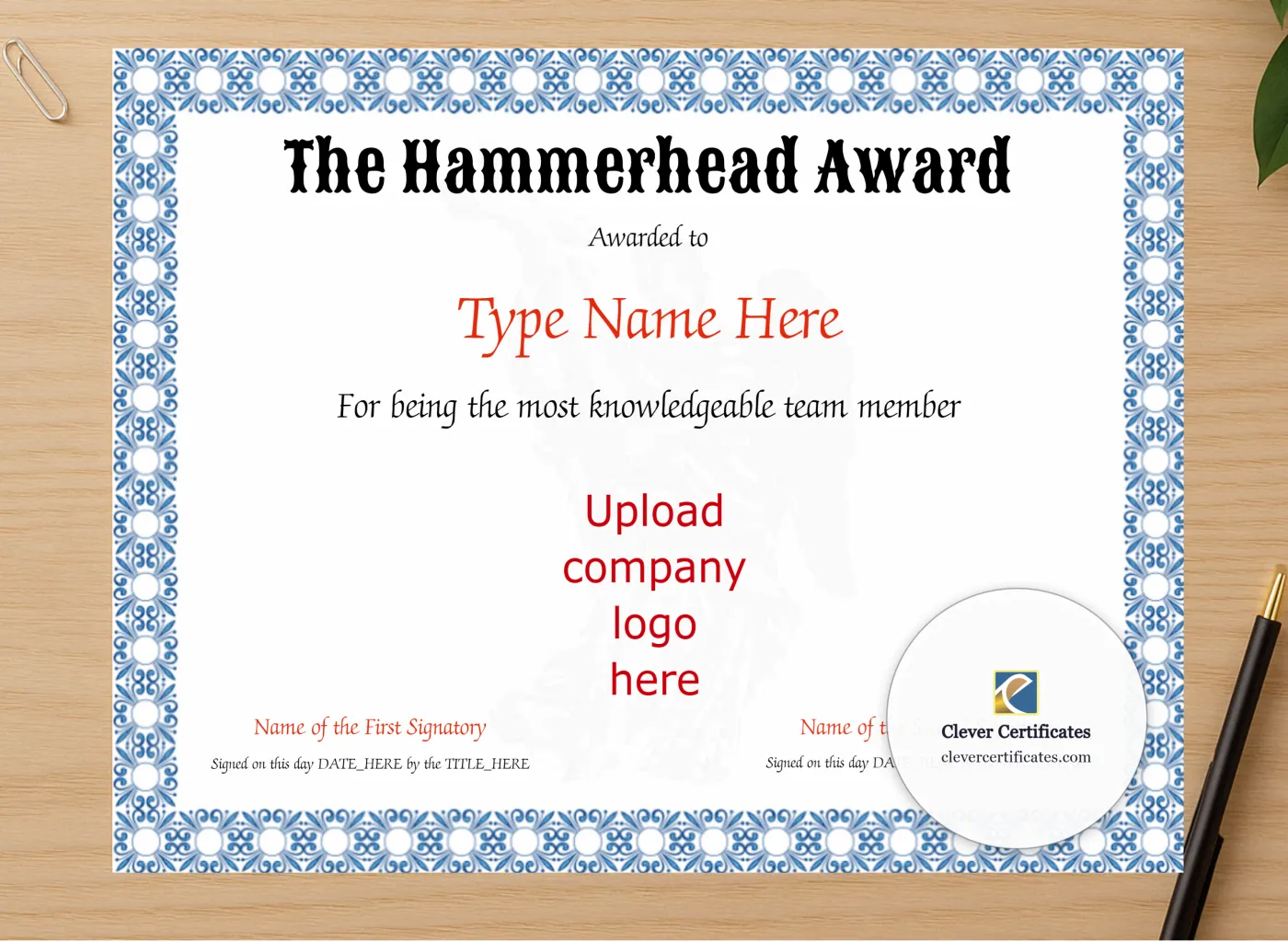 Professional preview of Hammerhead Award certificate on high-quality stationery paper, ideal for showcasing the final look.