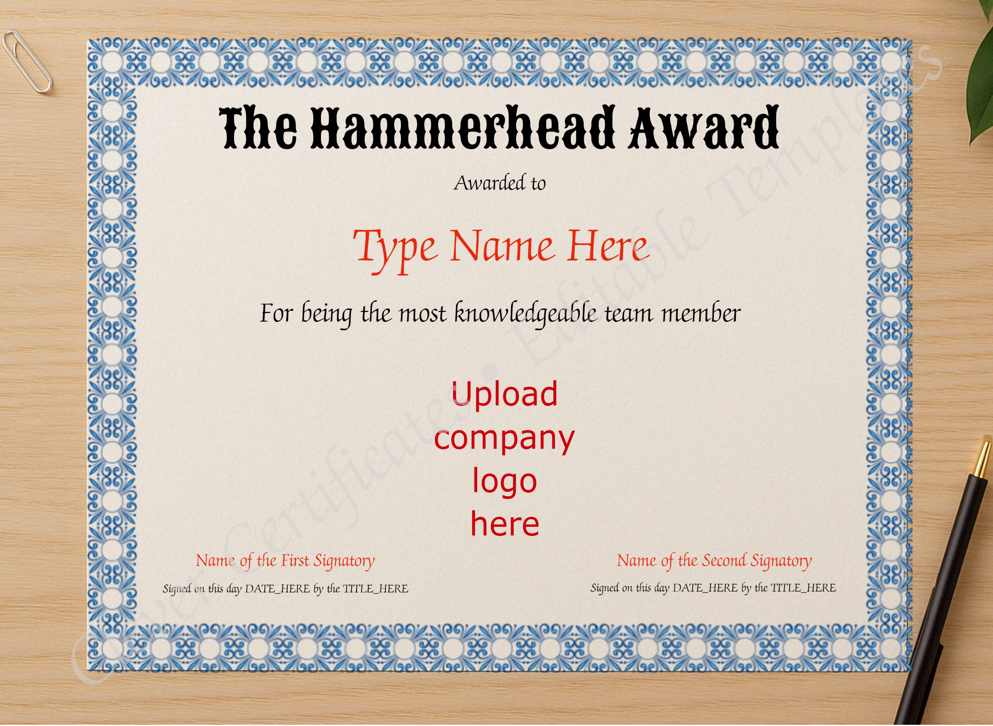 Professional preview of Hammerhead Award certificate on high-quality stationery paper, ideal for showcasing the final look.