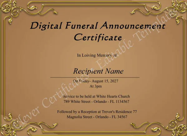 Editable Digital Funeral Announcement Certificate