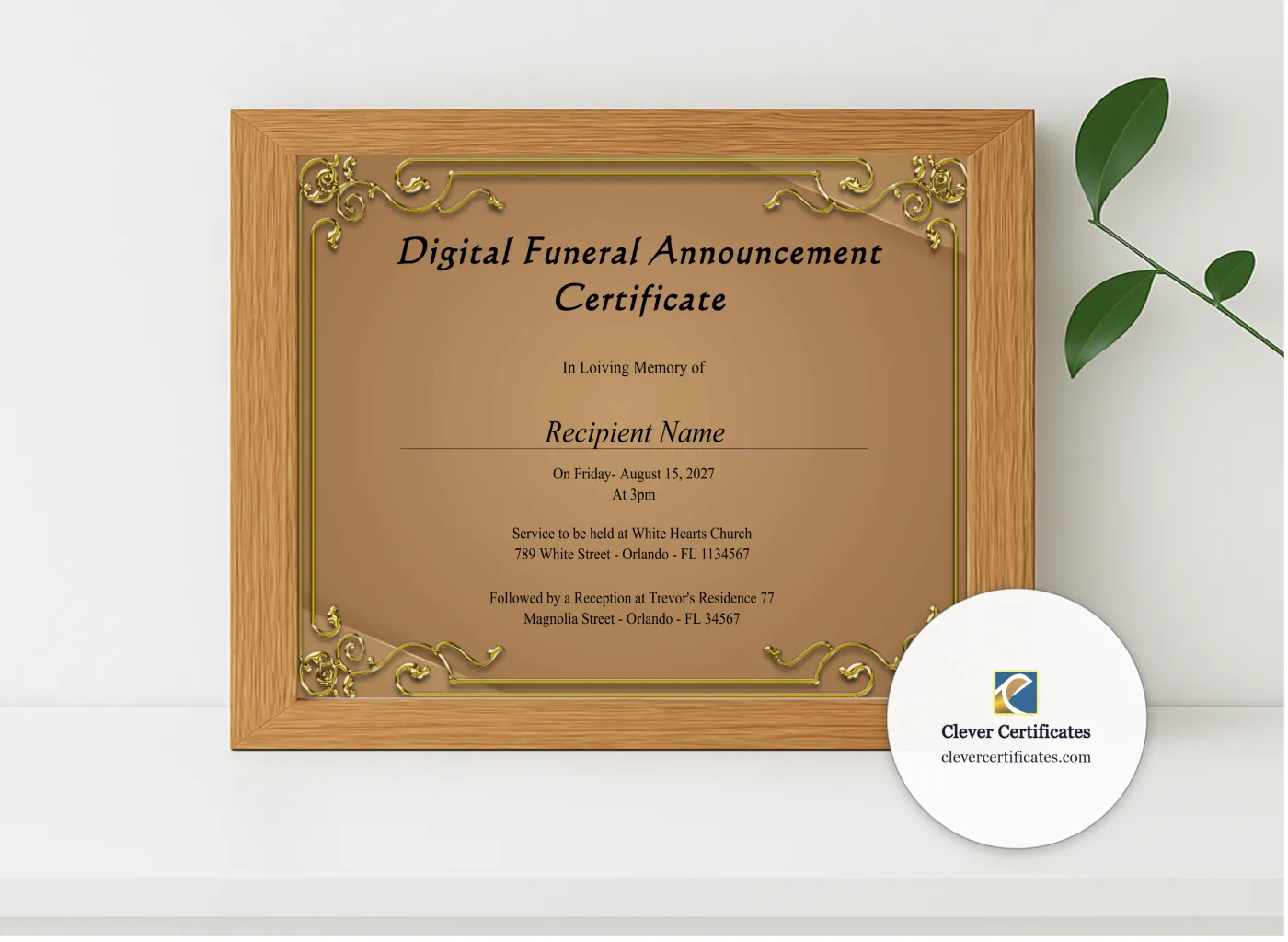 Realistic mockup featuring Editable Digital Funeral Announcement Certificate displayed within a modern frame, set against a minimalistic background.
