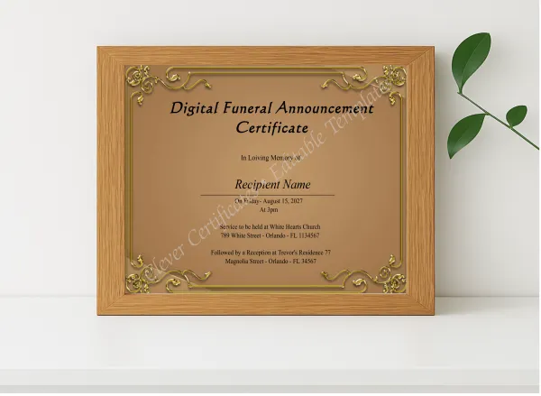 Realistic mockup featuring Editable Digital Funeral Announcement Certificate displayed within a modern frame, set against a minimalistic background.