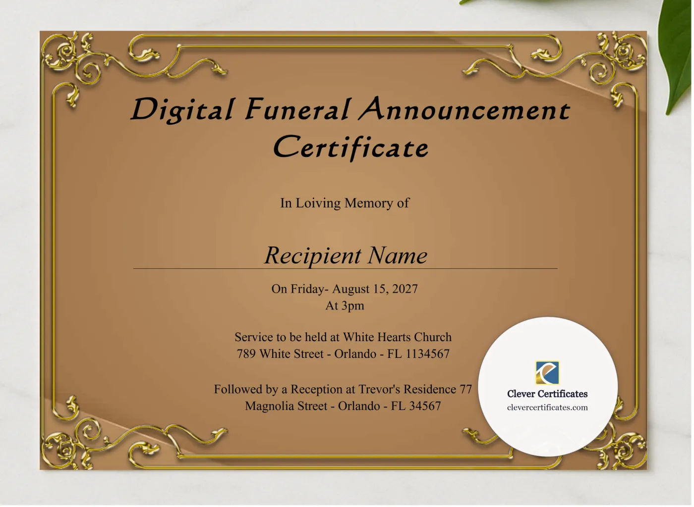 Editable Digital Funeral Announcement Certificate presented in a sleek wooden frame, elegantly arranged on a stylish table.
