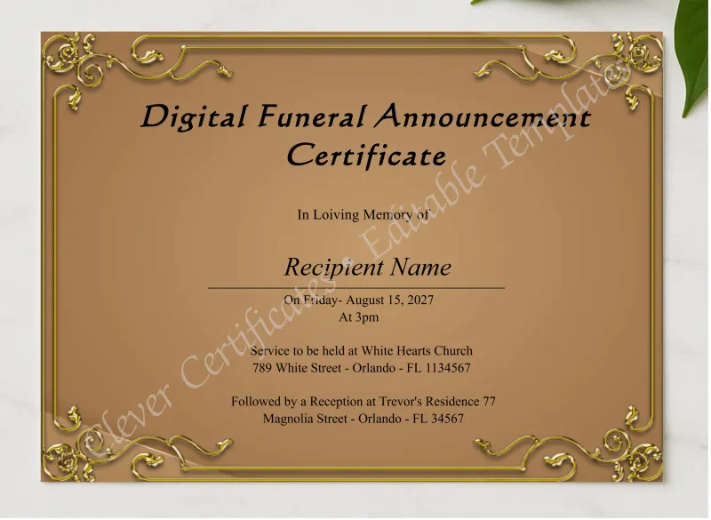 Editable Digital Funeral Announcement Certificate presented in a sleek wooden frame, elegantly arranged on a stylish table.