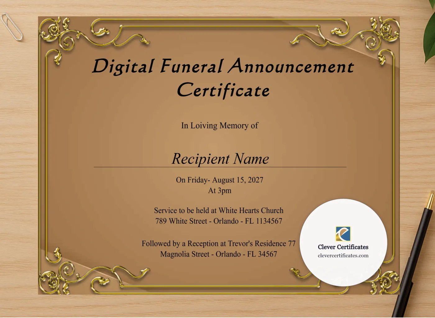 Professional preview of Editable Digital Funeral Announcement Certificate certificate on high-quality stationery paper, ideal for showcasing the final look.
