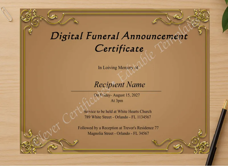 Professional preview of Editable Digital Funeral Announcement Certificate certificate on high-quality stationery paper, ideal for showcasing the final look.