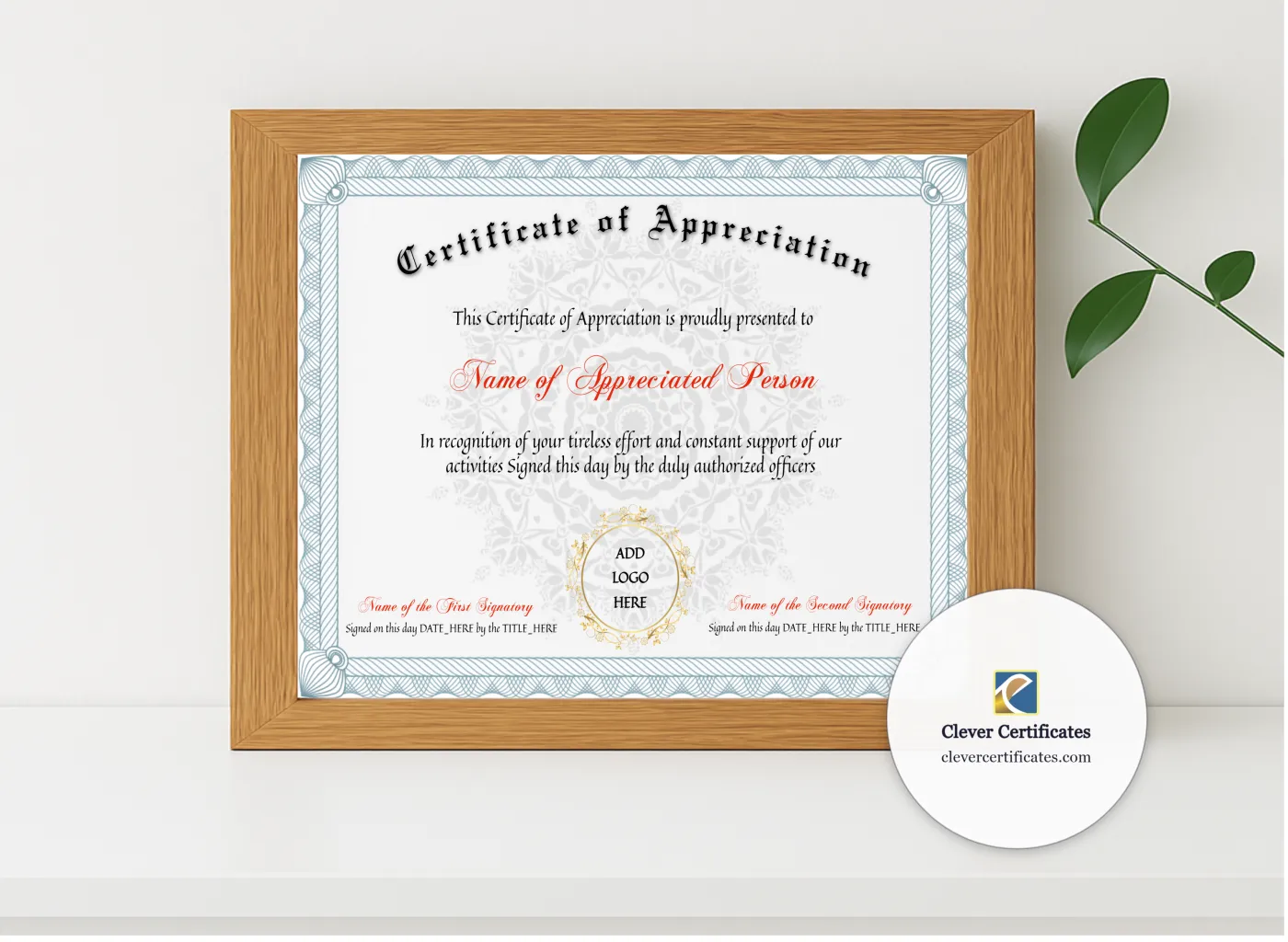 Realistic mockup featuring Editable Certificate Of Appreciation displayed within a modern frame, set against a minimalistic background.