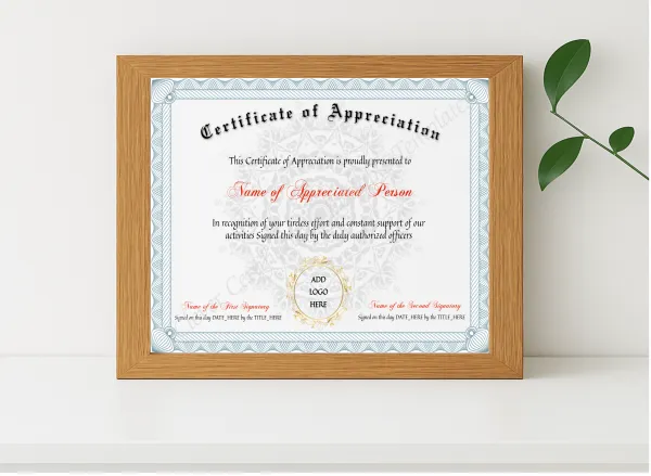 Realistic mockup featuring Editable Certificate Of Appreciation displayed within a modern frame, set against a minimalistic background.