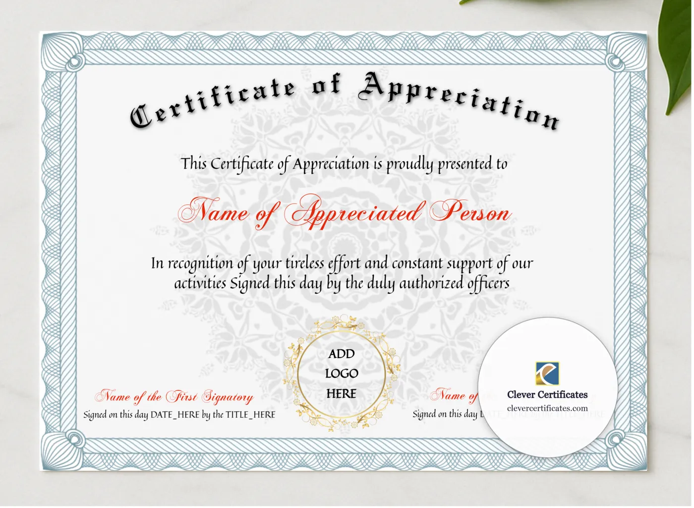 Editable Certificate Of Appreciation presented in a sleek wooden frame, elegantly arranged on a stylish table.