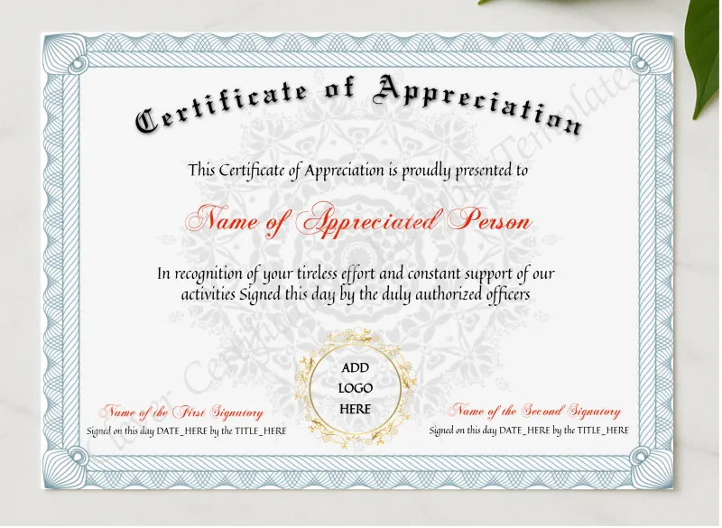 Editable Certificate Of Appreciation presented in a sleek wooden frame, elegantly arranged on a stylish table.