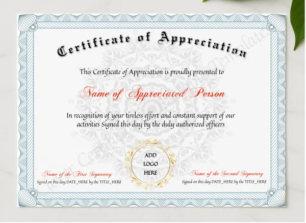Editable Certificate Of Appreciation presented in a sleek wooden frame, elegantly arranged on a stylish table.