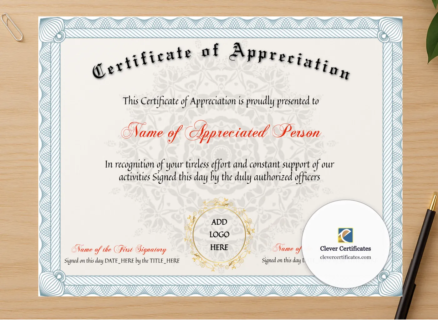 Professional preview of Editable Certificate Of Appreciation certificate on high-quality stationery paper, ideal for showcasing the final look.
