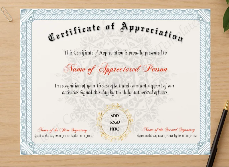 Professional preview of Editable Certificate Of Appreciation certificate on high-quality stationery paper, ideal for showcasing the final look.