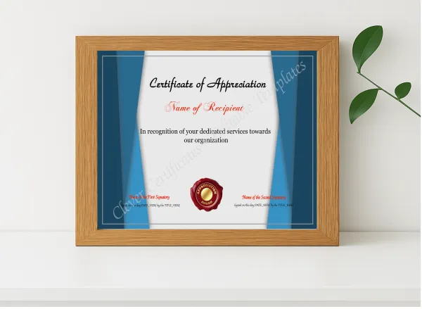 Realistic mockup featuring Printable Certificate Of Appreciation Template displayed within a modern frame, set against a minimalistic background.
