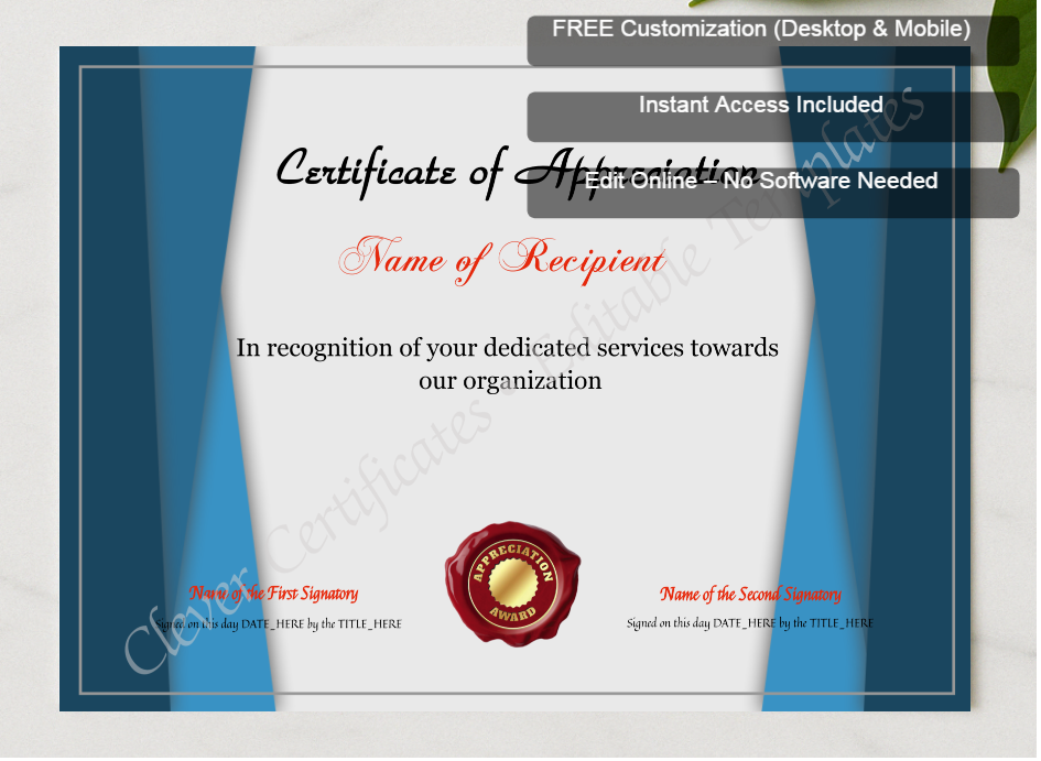 Framed preview featuring Free Editor badge stack for Printable Certificate Of Appreciation Template