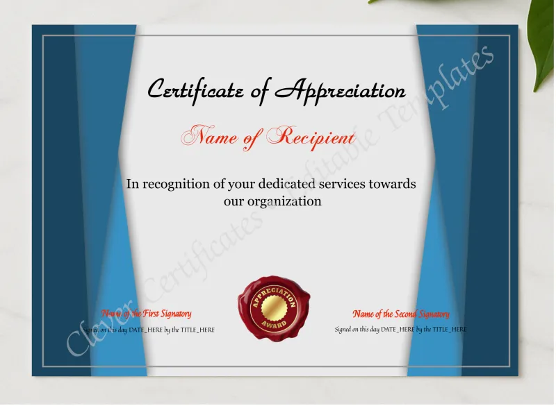 Printable Certificate Of Appreciation Template presented in a sleek wooden frame, elegantly arranged on a stylish table.