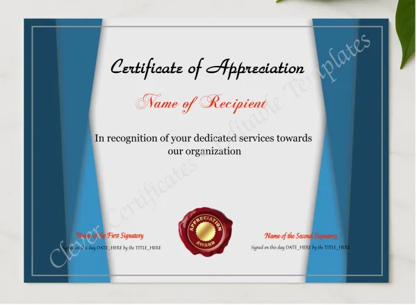 Printable Certificate Of Appreciation Template presented in a sleek wooden frame, elegantly arranged on a stylish table.