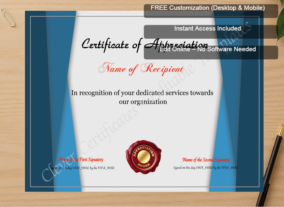 Zoomed preview with Free Editor badge stack for Printable Certificate Of Appreciation Template