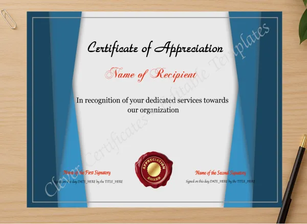 Professional preview of Printable Certificate Of Appreciation Template certificate on high-quality stationery paper, ideal for showcasing the final look.