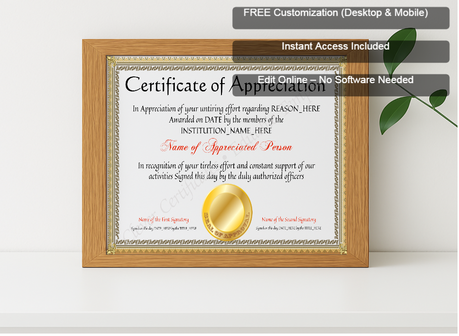 Premium mockup with Free Editor badge stack for EDITABLE Years Of Service Certificate Of Appreciation Template