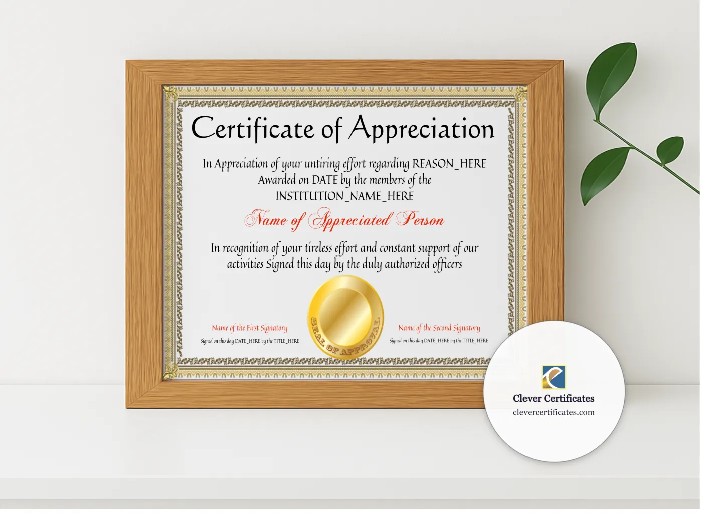 Realistic mockup featuring EDITABLE Years Of Service Certificate Of Appreciation Template displayed within a modern frame, set against a minimalistic background.