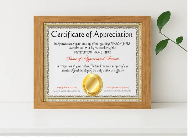 Realistic mockup featuring EDITABLE Years Of Service Certificate Of Appreciation Template displayed within a modern frame, set against a minimalistic background.
