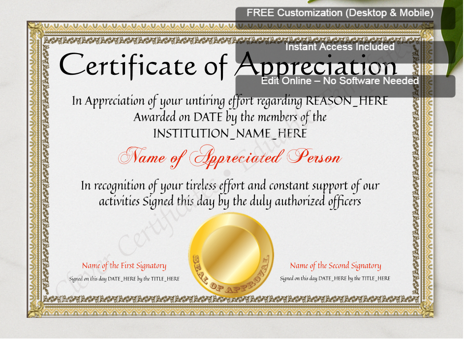 Framed preview featuring Free Editor badge stack for EDITABLE Years Of Service Certificate Of Appreciation Template
