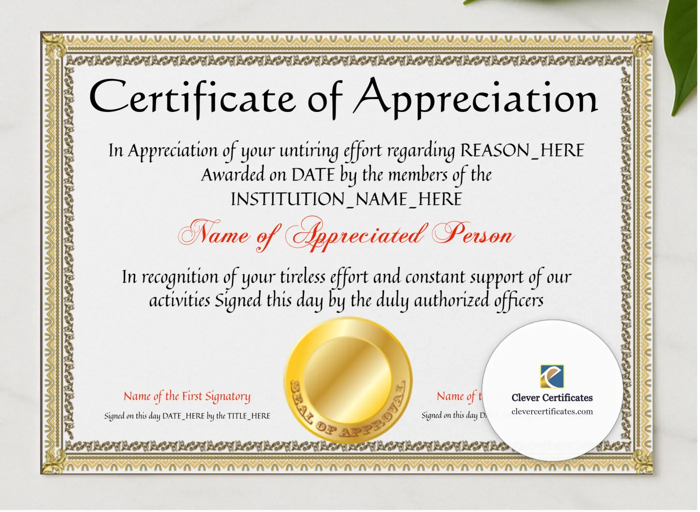 EDITABLE Years Of Service Certificate Of Appreciation Template presented in a sleek wooden frame, elegantly arranged on a stylish table.