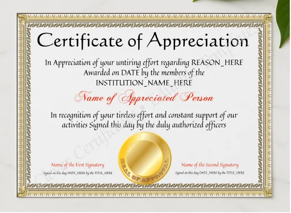 EDITABLE Years Of Service Certificate Of Appreciation Template presented in a sleek wooden frame, elegantly arranged on a stylish table.
