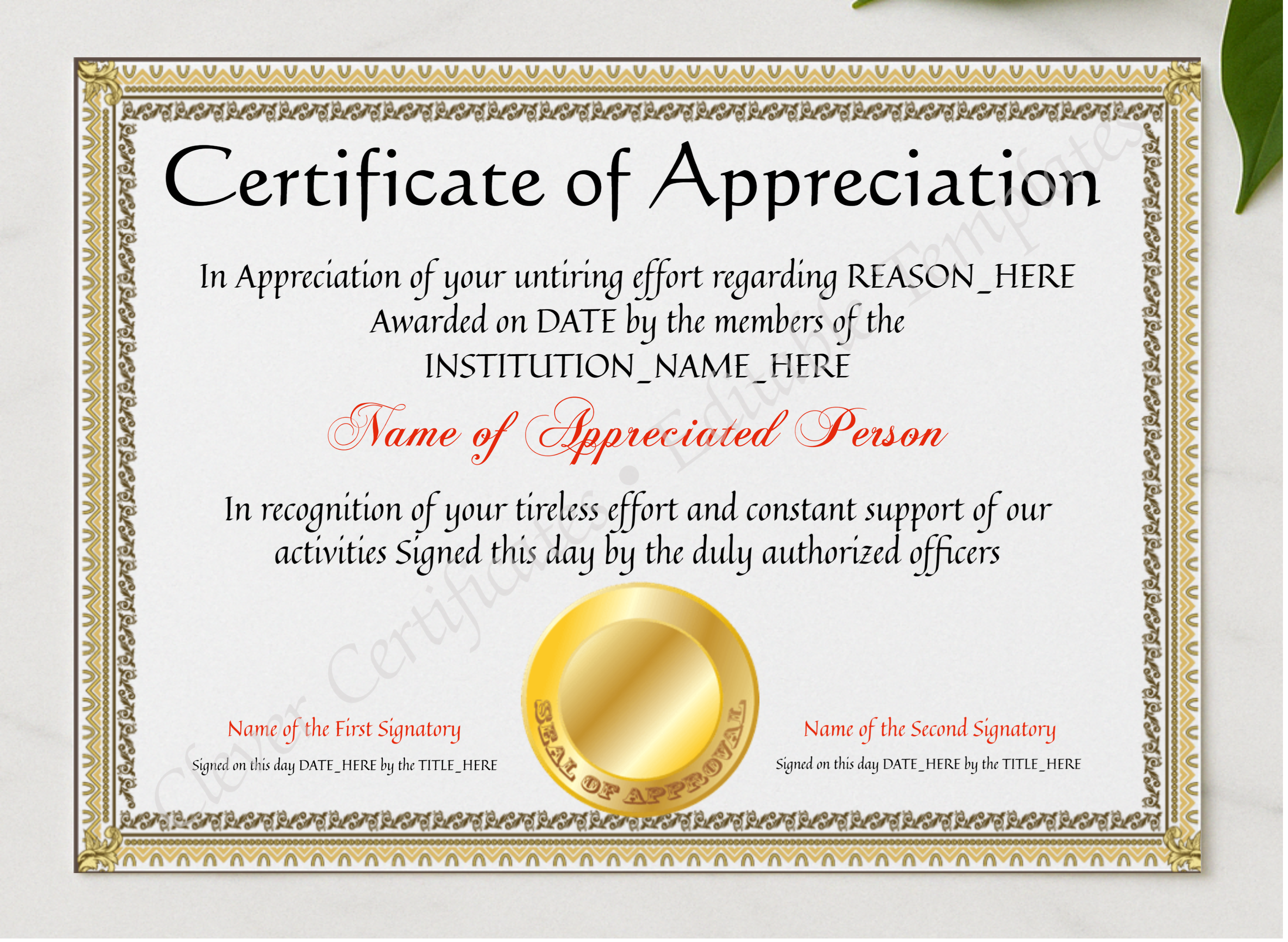 EDITABLE Years Of Service Certificate Of Appreciation Template presented in a sleek wooden frame, elegantly arranged on a stylish table.