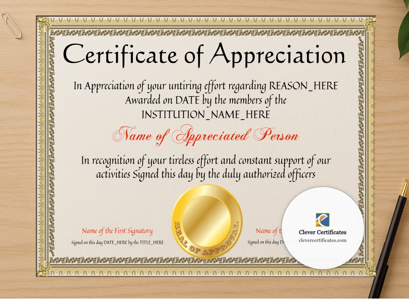 Professional preview of EDITABLE Years Of Service Certificate Of Appreciation Template certificate on high-quality stationery paper, ideal for showcasing the final look.