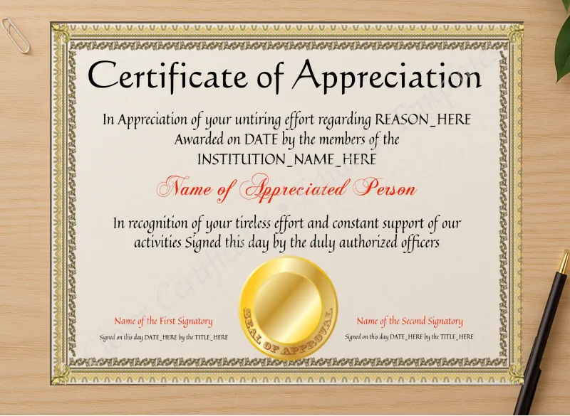 Professional preview of EDITABLE Years Of Service Certificate Of Appreciation Template certificate on high-quality stationery paper, ideal for showcasing the final look.