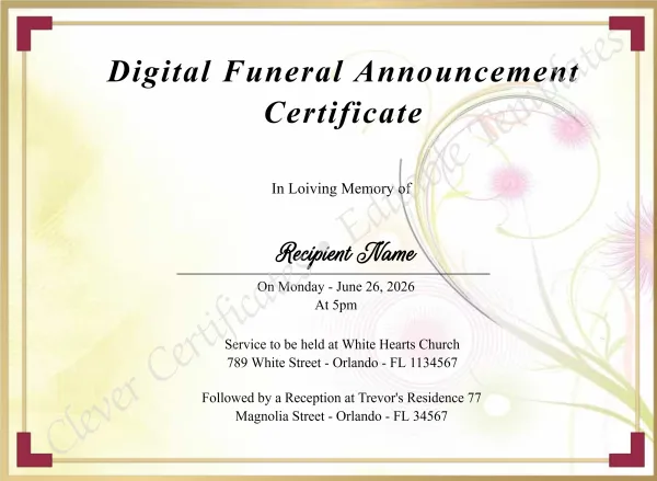 Printable Digital Funeral Announcement Certificate
