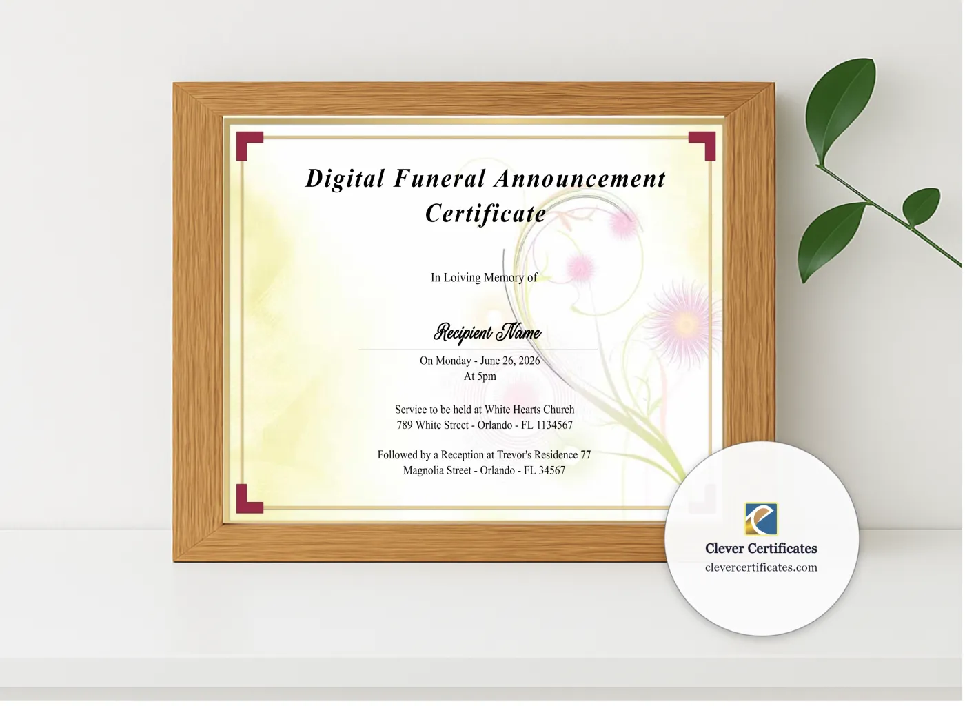 Realistic mockup featuring Printable Digital Funeral Announcement Certificate displayed within a modern frame, set against a minimalistic background.
