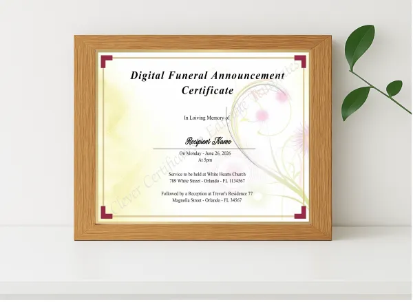 Realistic mockup featuring Printable Digital Funeral Announcement Certificate displayed within a modern frame, set against a minimalistic background.