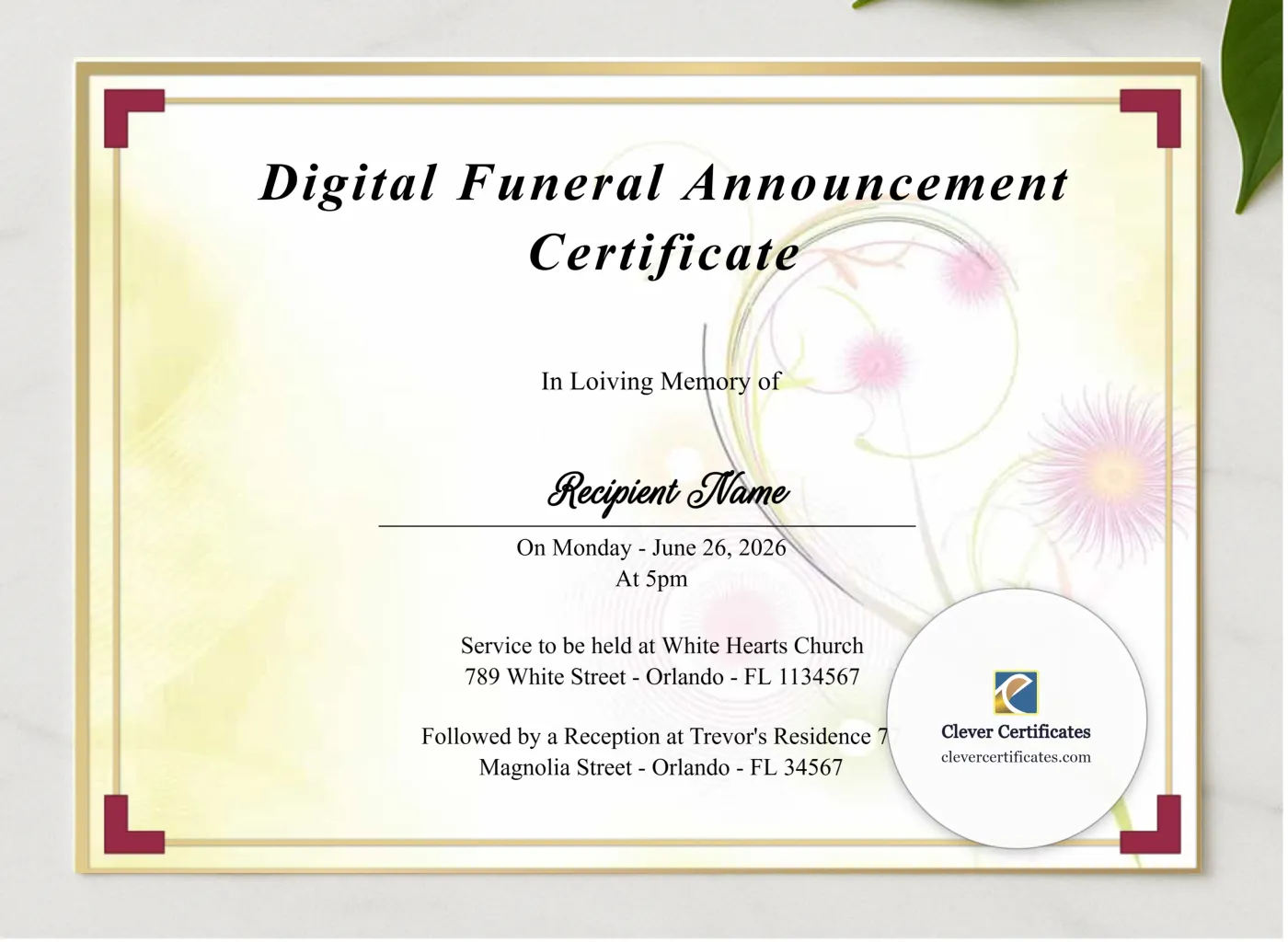 Printable Digital Funeral Announcement Certificate presented in a sleek wooden frame, elegantly arranged on a stylish table.
