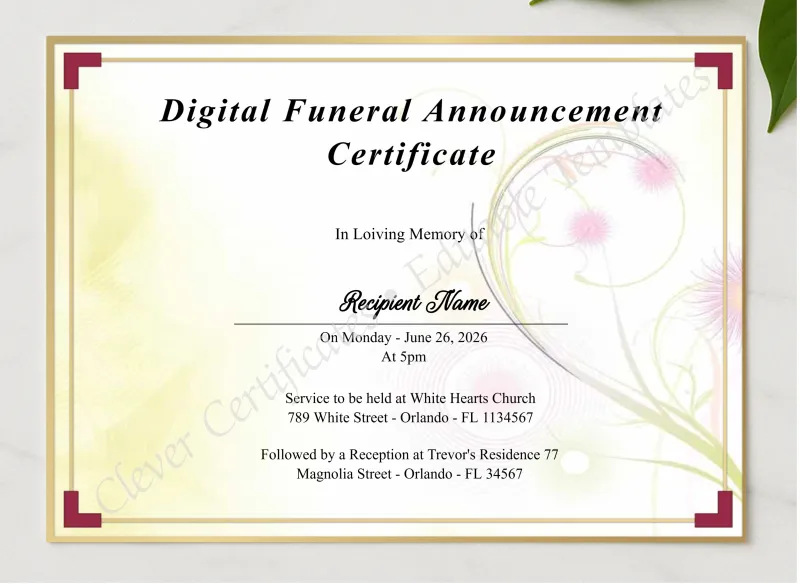 Printable Digital Funeral Announcement Certificate presented in a sleek wooden frame, elegantly arranged on a stylish table.