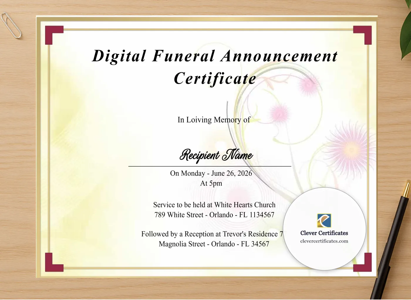 Professional preview of Printable Digital Funeral Announcement Certificate certificate on high-quality stationery paper, ideal for showcasing the final look.