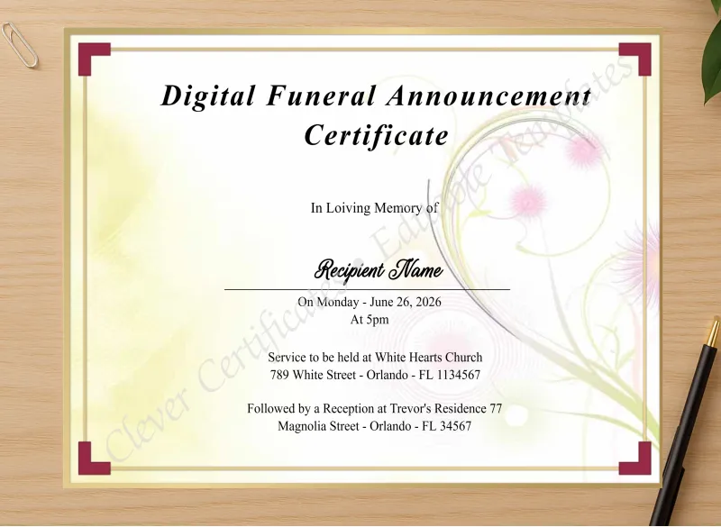 Professional preview of Printable Digital Funeral Announcement Certificate certificate on high-quality stationery paper, ideal for showcasing the final look.