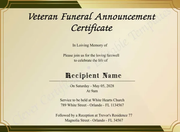 Editable Veteran Funeral Announcement Certificate