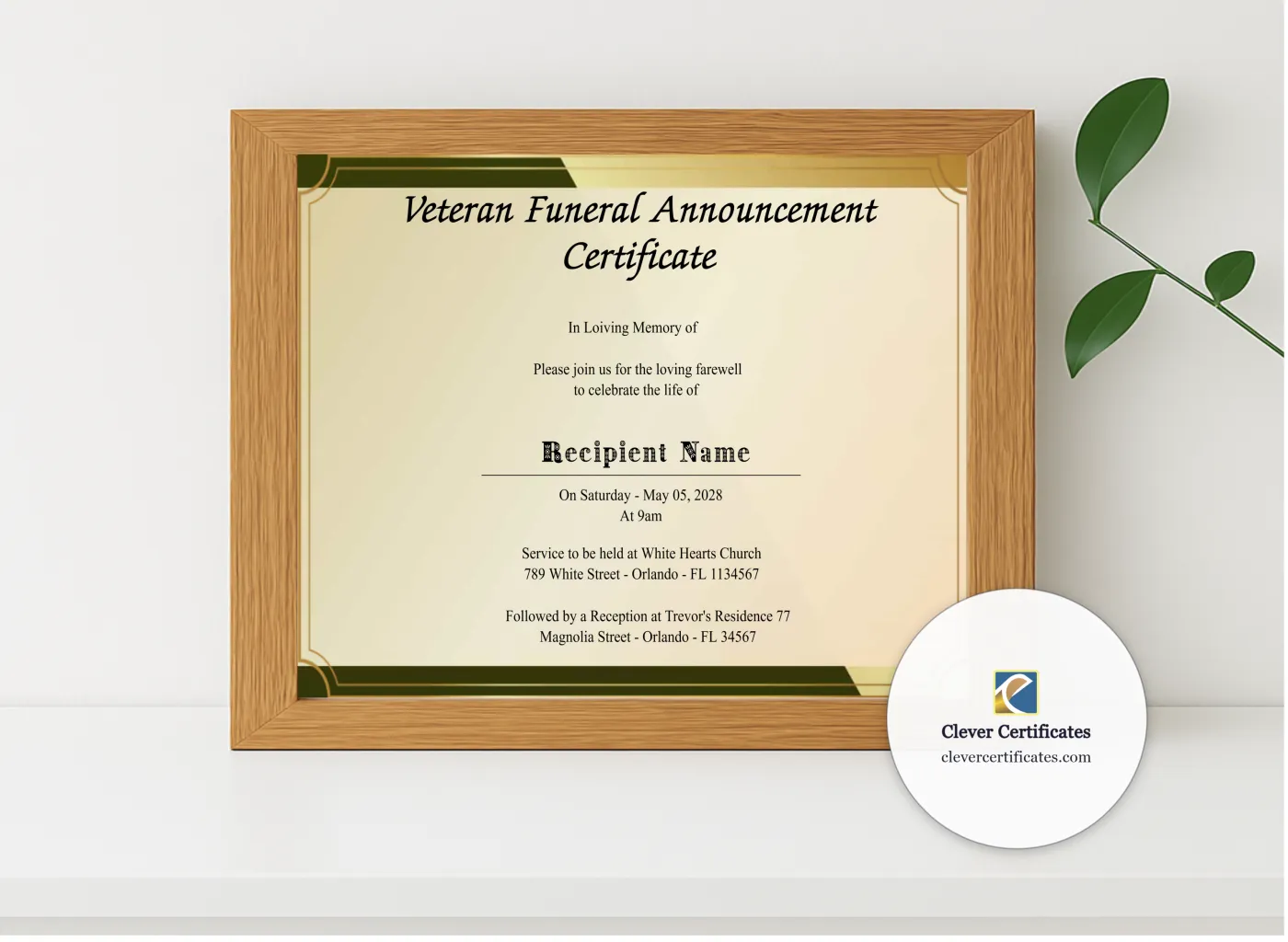 Realistic mockup featuring Editable Veteran Funeral Announcement Certificate displayed within a modern frame, set against a minimalistic background.