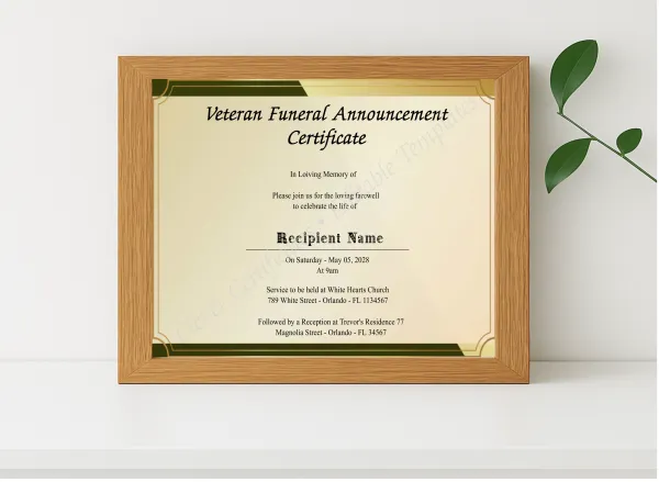 Realistic mockup featuring Editable Veteran Funeral Announcement Certificate displayed within a modern frame, set against a minimalistic background.