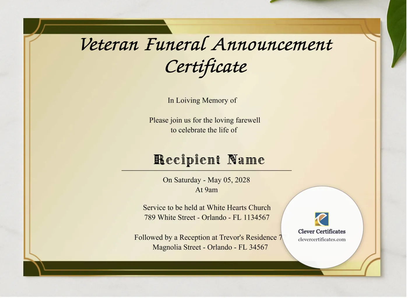 Editable Veteran Funeral Announcement Certificate presented in a sleek wooden frame, elegantly arranged on a stylish table.