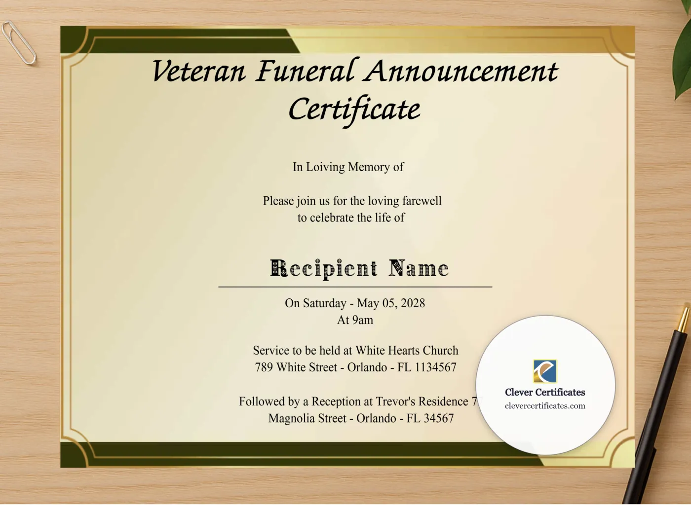 Professional preview of Editable Veteran Funeral Announcement Certificate certificate on high-quality stationery paper, ideal for showcasing the final look.
