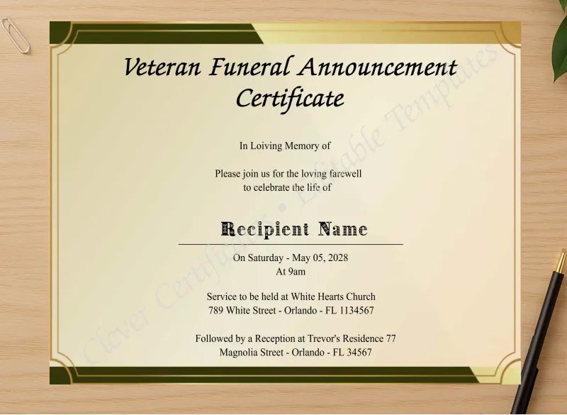 Professional preview of Editable Veteran Funeral Announcement Certificate certificate on high-quality stationery paper, ideal for showcasing the final look.