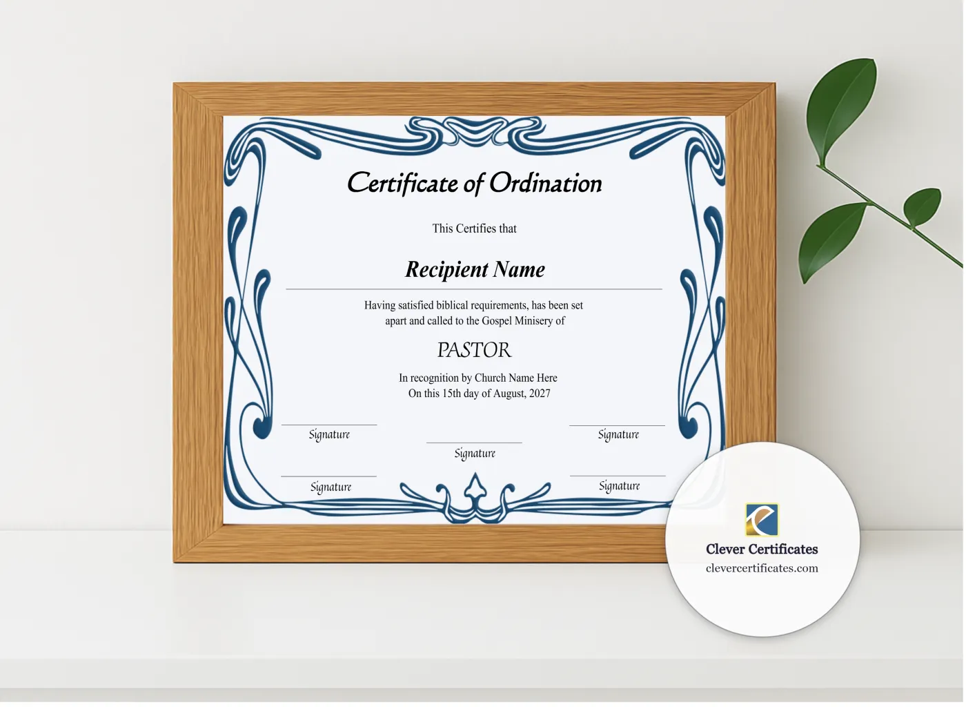 Realistic mockup featuring Editable Certificate Of Ordination For Pastor displayed within a modern frame, set against a minimalistic background.