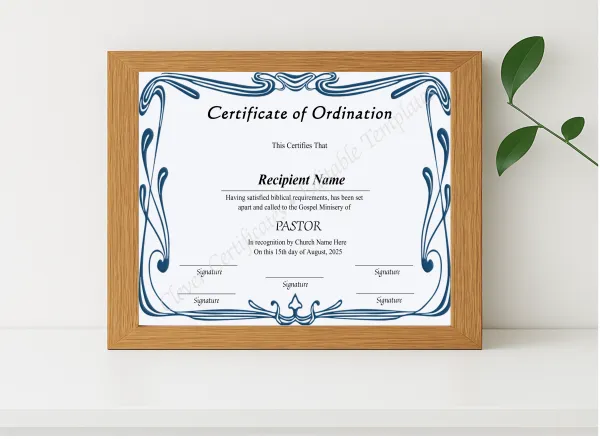 Realistic mockup featuring Editable Certificate Of Ordination For Pastor displayed within a modern frame, set against a minimalistic background.