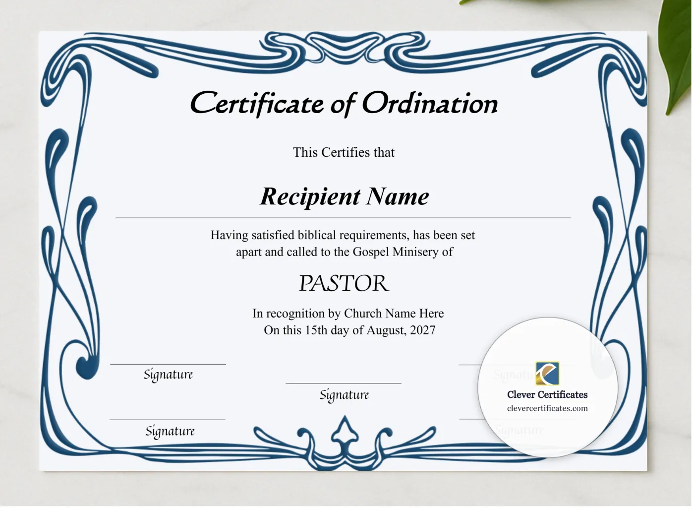 Editable Certificate Of Ordination For Pastor presented in a sleek wooden frame, elegantly arranged on a stylish table.