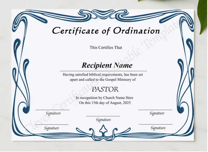 Editable Certificate Of Ordination For Pastor presented in a sleek wooden frame, elegantly arranged on a stylish table.