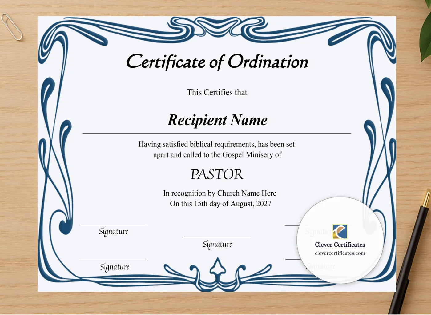 Professional preview of Editable Certificate Of Ordination For Pastor certificate on high-quality stationery paper, ideal for showcasing the final look.